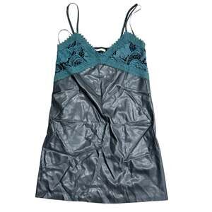 Womens Zara TRF Faux Leather Crochet Lace Trim Slip Dress in Black and Teal